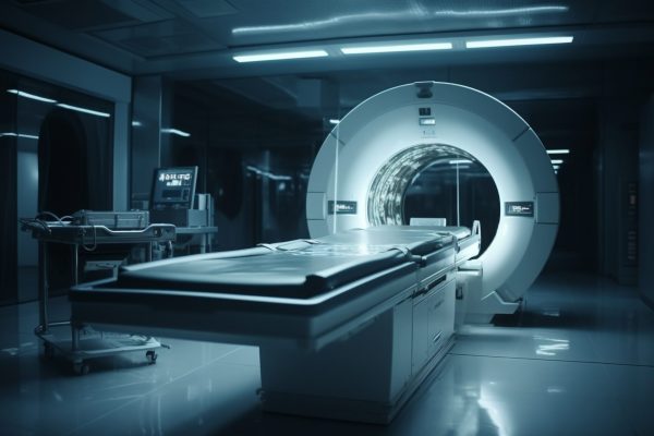 Modern hospital machinery illuminates blue MRI scanner generated by artificial intelligence